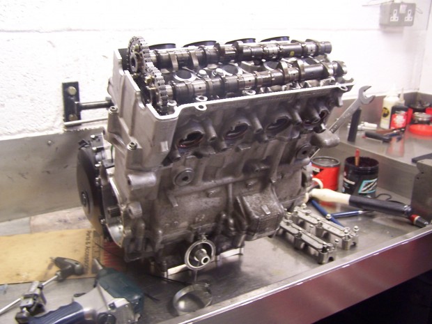 A Formula Jedi GSX-R1000K8 engine ready for refreshing with new valves and uprated oil pump.